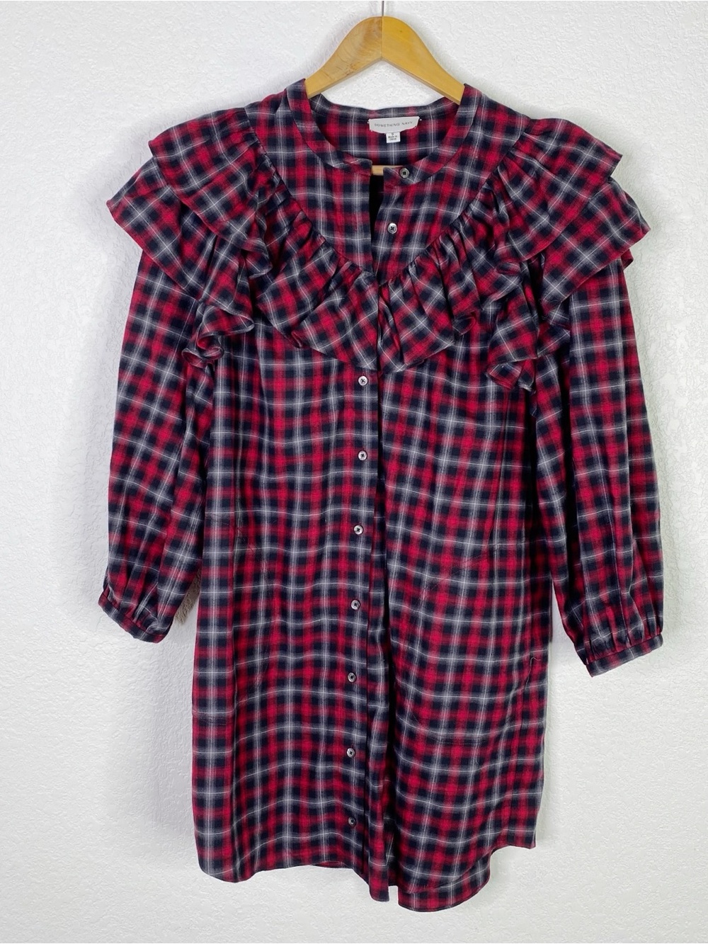 Something Navy Red Plaid Ruffle Shirt Dress